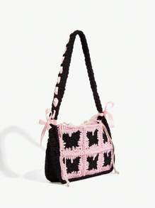 SHEIN ICON 女士、女式单肩包、流浪包、钩针包、黑粉色、蕾丝、蝴蝶结、时尚、个性化、简约、百搭、街头、甜美酷炫女孩、辣妹、Y2K、复古、铆钉、复古、青少年、海滩、度假、节日、夏季、海边、约会、日常、购物、下午茶 - 彩色 - 查看 3