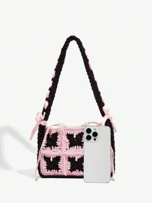SHEIN ICON 女士、女式单肩包、流浪包、钩针包、黑粉色、蕾丝、蝴蝶结、时尚、个性化、简约、百搭、街头、甜美酷炫女孩、辣妹、Y2K、复古、铆钉、复古、青少年、海滩、度假、节日、夏季、海边、约会、日常、购物、下午茶 - 彩色 - 查看 6