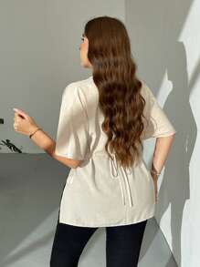 Firerie Plus Women's New Apricot V-Neck Short Sleeve Cross-Tie Blouse, Comfortable Linen-Like Fabric, Tie-Waist Shirt Top, Short Sleeve Blouse, Summer Shirt, Work Shirt, Commuter, Elegant, Casual, Holiday, Beach, Mother's Day, Teacher, Work Uniform Women Summer Woman Summer Formal Women Casual Top Women Summer Sets,Business Casual