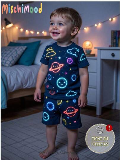 2pcs Baby Boys' Navy Blue Intergalactic Star Planet Print Short Sleeve T-Shirt & Shorts Tight Fitting Pajama Set
