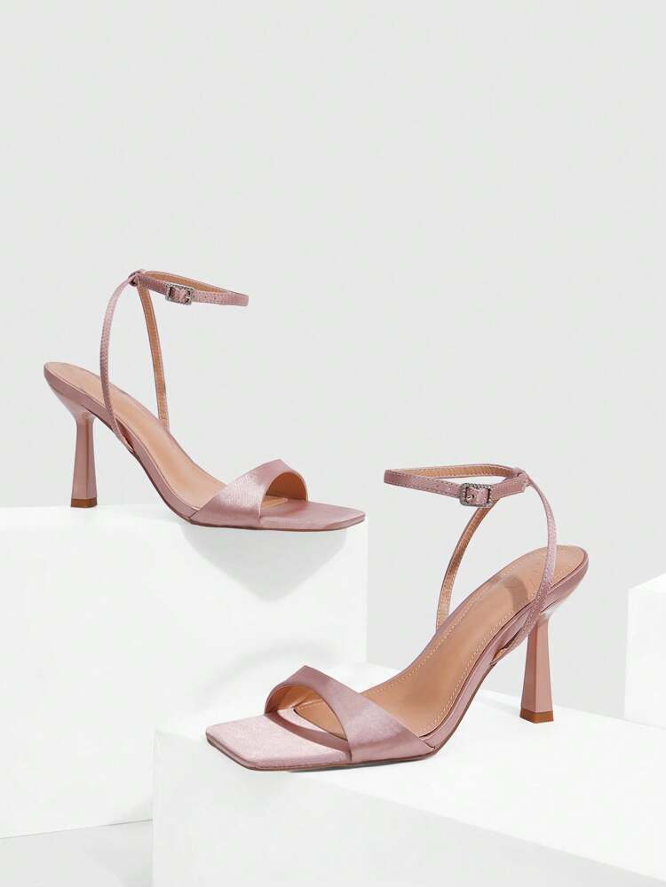 CUCCOO SZL Champagne Color Satin Material Thin Strap Ankle Buckle Rhinestone Decor Square Toe Stiletto Heel Sandals, Suitable For Work, Dating, Wedding, Party, Holiday, Valentine's Day For Christmas Spring Shoes Prom Heels