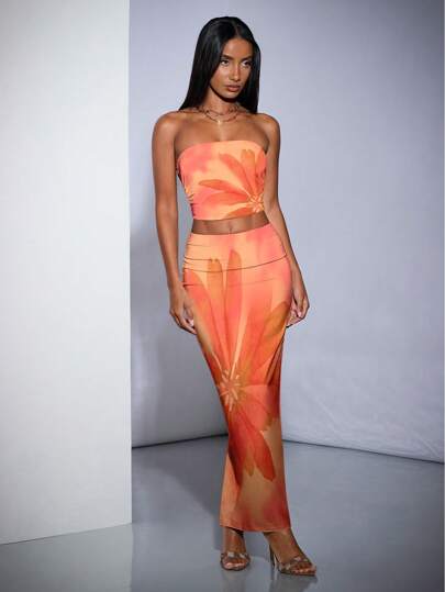 SHEIN BAE Ladies' Floral Printed Crop Top And Skirt Set For Summer Holiday,Ladies Sexy Asymmetrical,Backless,Split Thigh Slim Fit Multicolor Bandeau Skirt Women Two-Piece Outfits,Spring/Summer,Casual Daily Wear