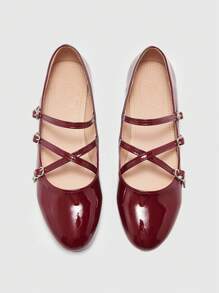 CUCCOO BIZCHIC 女士圆头平底鞋，多带设计，舒适百搭，酒红色日常办公平底鞋