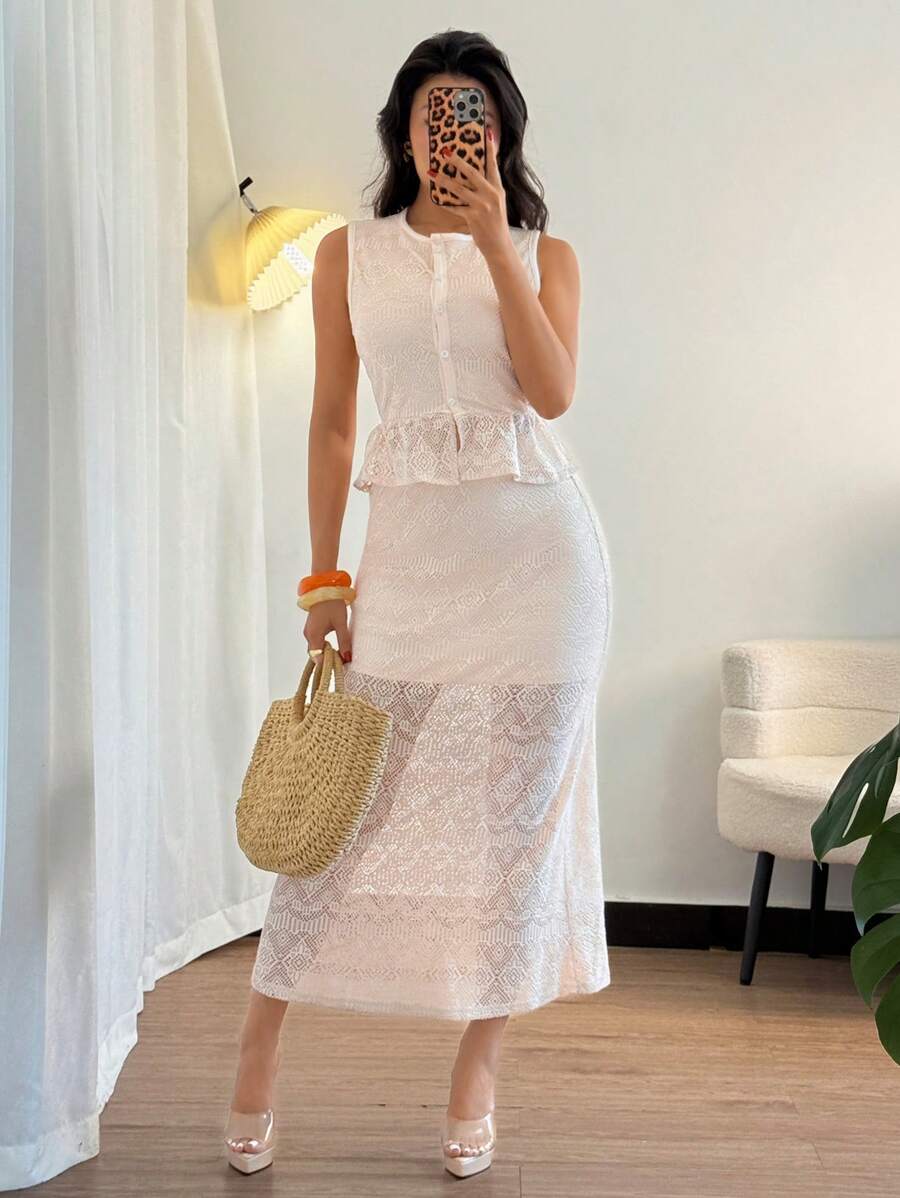 Elenzga Set de 2 piezas con top de tirantes con volantes de encaje y falda para mujer - Albaricoque - Ver 1