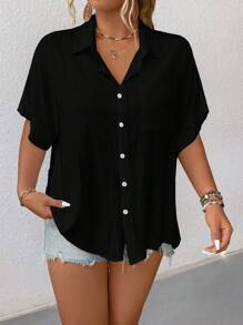 Calvaya Camisa de talla grande de unicolor con cuello en V, cierre de un solo botonadura con muesca para primavera/verano con mangas murciélago - Negro - Ver 3