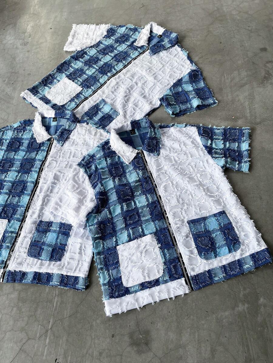 Manfinity EMRG Men's Summer Patchwork Plaid Pocket Casual Short Sleeve Shirt Shirt Set Man Shirt Set - Multicolor - View 1