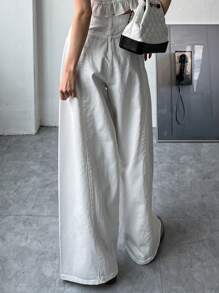 DAZY Quần ống rộng màu trơn, xếp nếp, chắp vá, thường ngày, đa năng, màu trắng, mặc được mọi mùa thu - trắng - Xem 2