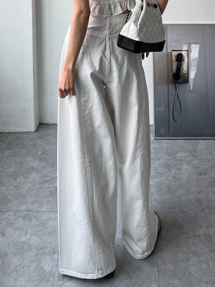 Women's Solid Color Loose Ruched Patchwork Wide Leg Casual White Versatile Pants, All Season Fall