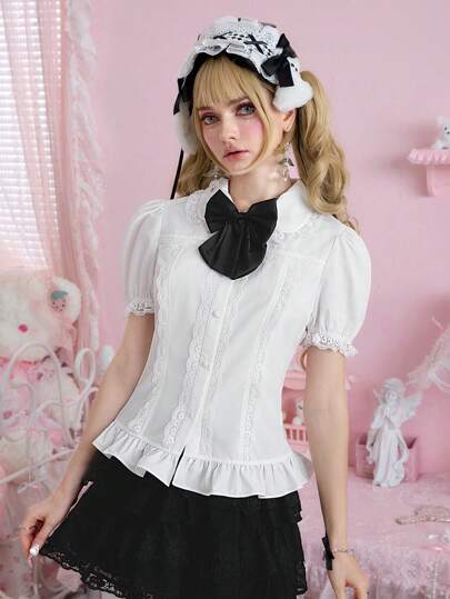 Kawaii Damen Vintage College Stil Baby Doll Kontrast Schleife Spitze Patchwork Puffärmel Bluse