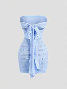 Sweetra Casual Knitted Ruffle Trim Bodycon Mini Dress With Open Back Tie-Up Detail, Light Blue, Spring/Summer