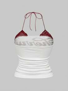 ROMWE 2pcs Set: Retro Cherry Print & Punk Vine Print Splice Lace Mock Neck Plus Size Bodycon Cami Top, Summer Top - Multicolor - View 6