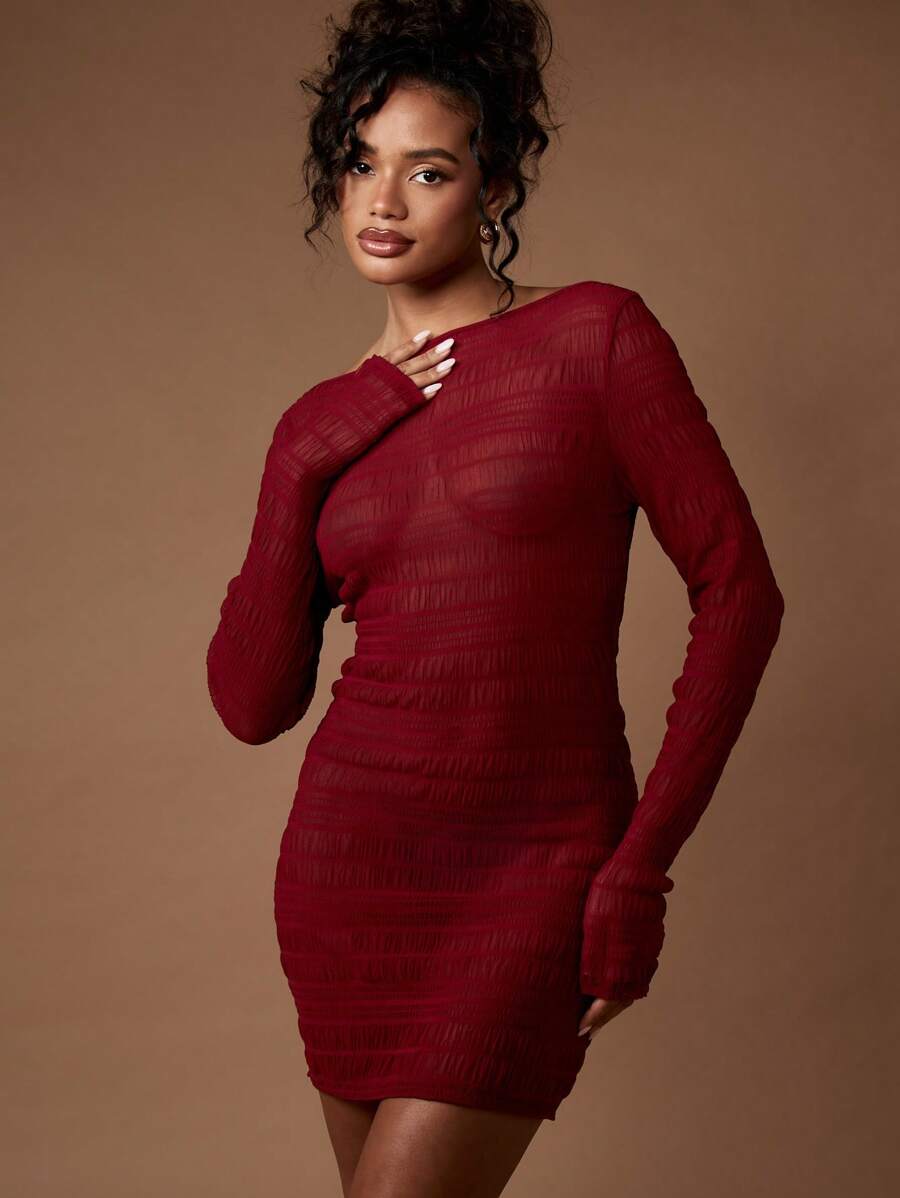 MISSGUIDED Long Sleeve Ruched Mini Dress Backless Party Club Night Evening Bodycon Mini Dress Shirred Textured Stretch Form Fitting Fall Winter Holiday Christmas - Burgundy - View 1