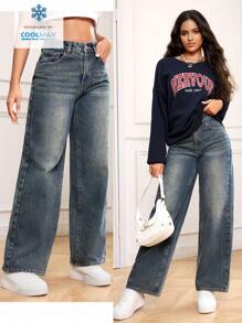 SHEIN PETITE 女式复古蓝色牛仔裤，带口袋，休闲时尚 - 藍色 - 查看 5