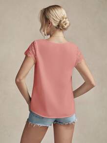 SHEIN LUNE 对比色花边袖衬衫，短袖上衣