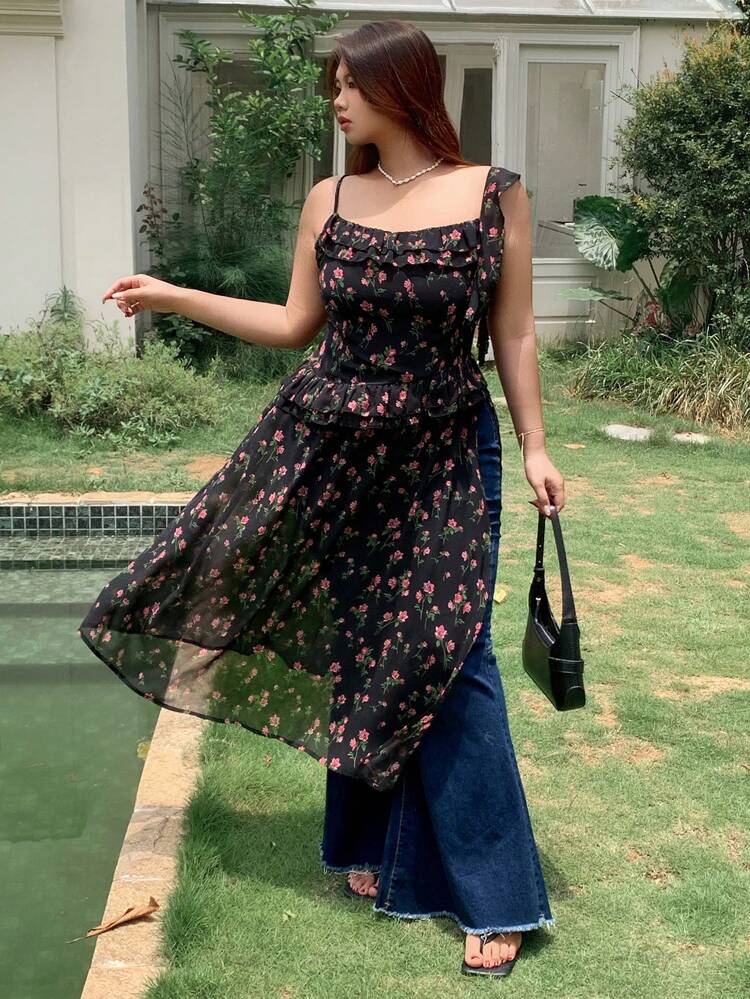 Dazy Plus Plus Size Ditsy Floral Maxi Sleeveless High Slit Shirt Dress Boho