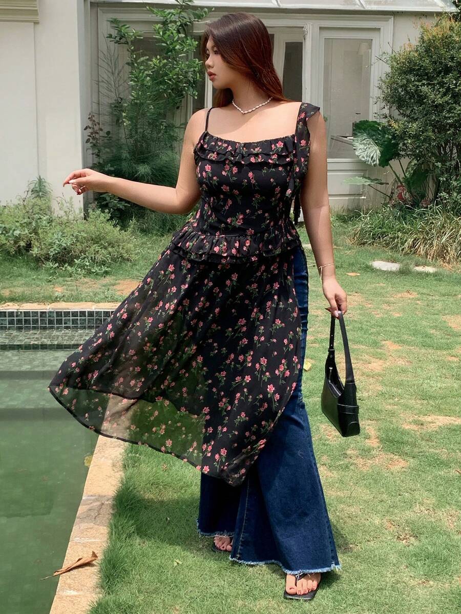 Dazy Plus Ditsy Floral Maxi Sleeveless High Slit Shirt Dress - Black - View 1