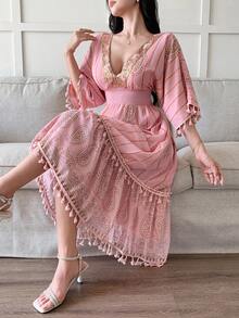 DAZY 女式宽松中长款拼布印花连衣裙，夏季假日风格 - 粉色 - 查看 1