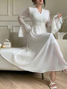 Modelyn Vestido de manga abullonada de unicolor elegante para mujer - Albaricoque - Ver 5