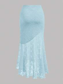 Girlism Conjunto de 2 peças com Regata Assimétrica de Renda e Saia Assimétrica de Babados com Bainha de Sereia de Cintura Baixa, Roupa Elegante para Casamento, Primavera/Verão, Temporada de Casamentos em Resort, para Adolescentes - Azul bebê - Visão 9