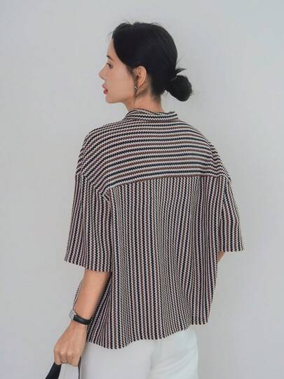 Dazy-Less 女士宽松休闲拼色格子条纹针织开衫纽扣衬衫短袖商务休闲风夏季