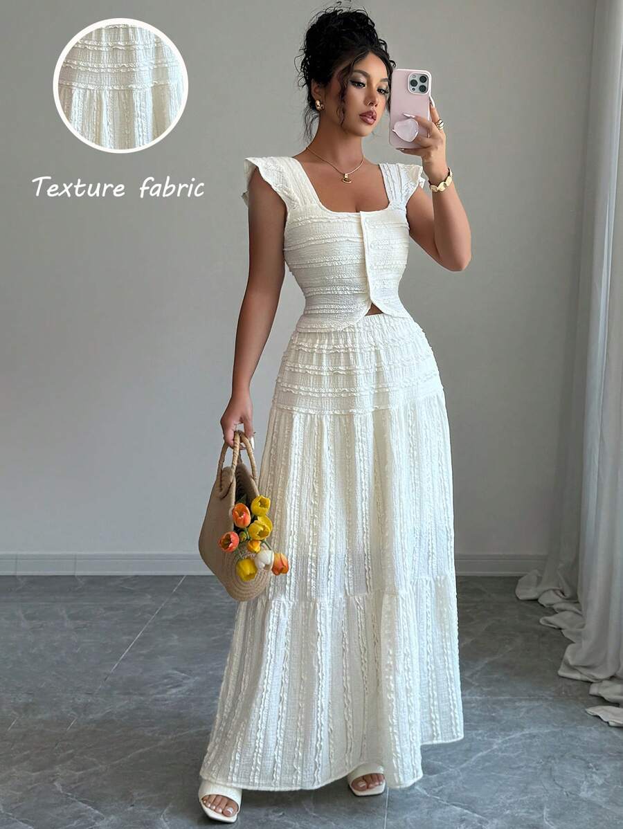 Selianne 女士浪漫优雅方领短袖上衣半裙套装，夏季 - 杏色 - 查看 1