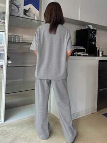 DAZY 2pcs/Set Women Letter Print T-Shirt & Sweatpants - Grey - View 2