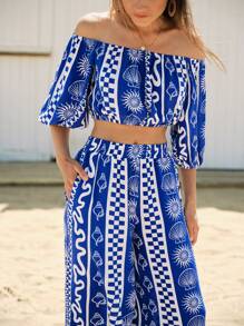 Maija Conjunto de 2 piezas mujer con top corto de manga farol sin tirantes con estampado geométrico y pantalones rectos de cintura elástica sueltos, casual, cómodo, apropiado para verano, playa, resort de Hawái