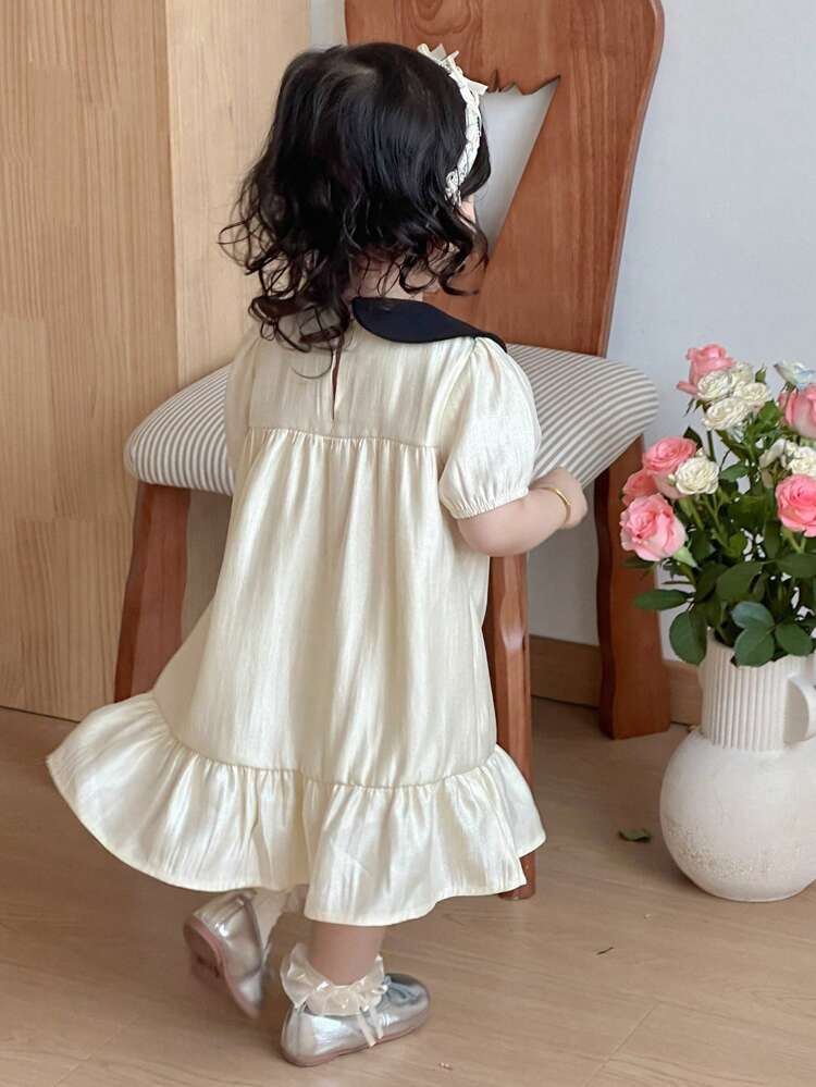 Toddler Girls' Peter Pan Collar Color Block Bow Cute Korean Style Mid-Length Dress
