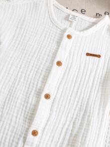 SHEIN Bộ đồ liền thân tay ngắn màu trơn thường ngày cho bé trai sơ sinh + quần short, mùa hè - trắng - Xem 8