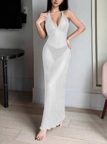 DAZY Sheer Silver Thread Blend Mesh Deep V Backless Sexy Nightgown - White - View 3