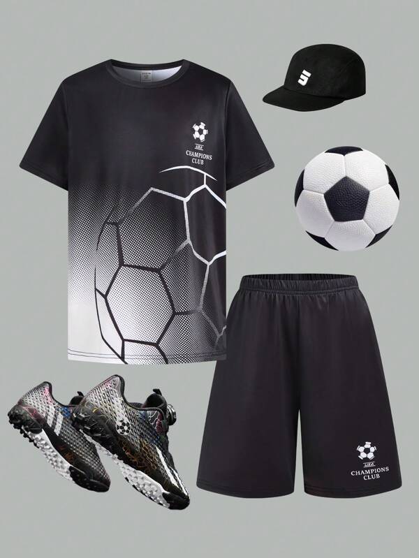 SHEIN Tween Boys' Soccer Graphic Print Round Neck Short Sleeve T-Shirt And Shorts 2 Pieces Sports Set Boys Soccer Clothes Boys Soccer Uniform Kids Soccer Uniform Youth Soccer Uniform Futbol Clothes Boys