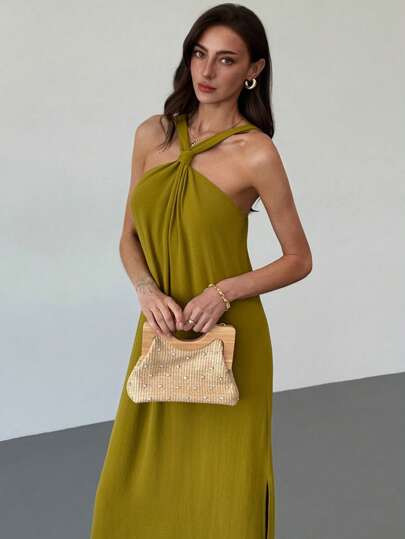 Aloruh 杏色 A 字型长款度假吊带连衣裙，春夏女士款