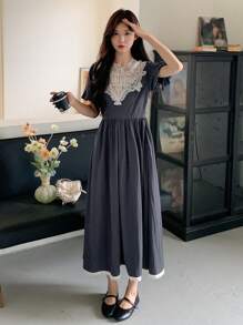 DAZY Women's Summer Lace Splice Puffed Sleeve A-Line Midi Dress, Casual And Elegant - Navy Blue - View 1