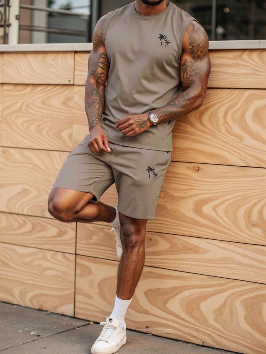 Manfinity RSRT 2 Pieces Set Men Palm Tree Print Crew Neck Tank Top & Shorts Khaki