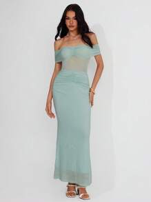 Roylia Vestido de cóctel ceñido de mujer elegante con hombros descubiertos, malla calada y plisados, con cola de pez - verde menta - Ver 4