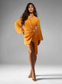 MISSGUIDED 优雅雪纺迷你裹身裙气球长袖派对婚礼宾客个性胸针细节冬季节日活动