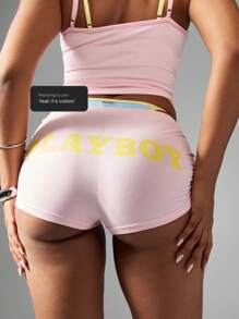 Missguided x Playboy Ultra High Rise Booty Workout Shorts Athletic Dance Practice Stretchy Compression Performance Gym Training Summer Activewear Comfortable Yoga Dance Studio - Dusty Pink - View 9