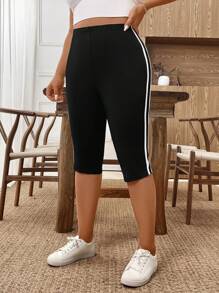 SHEIN LUNE 大码撞色侧条纹印花紧身裤