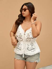 Elaquor Áo ba lỗ chữ A thêu ren hở vai họa tiết nơ thắt lưng cho kỳ nghỉ cỡ lớn - trắng - Xem 6