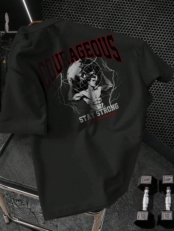 Manfinity Sport Corelite 男士字母和图案印花圆领短袖运动T恤 男士图案T恤 运动衫 男士图案T恤 图案T恤 男士健身服 跑步T恤和背心