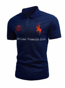 Manfinity Mode 男士休闲刺绣图标刺绣简约商务POLO衫 - 藏蓝色 - 查看 1