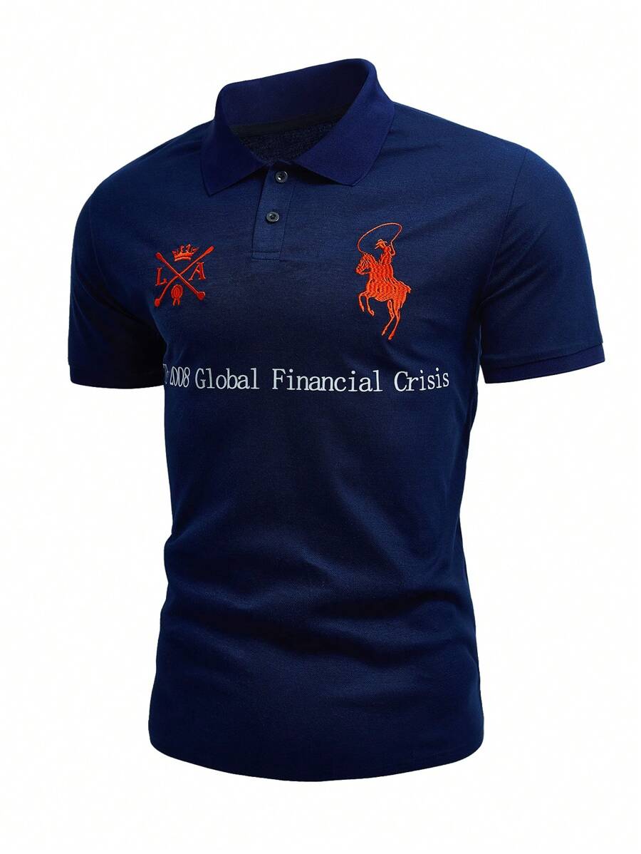 Manfinity Mode 男士休闲刺绣图标刺绣简约商务POLO衫 - 藏蓝色 - 查看 1