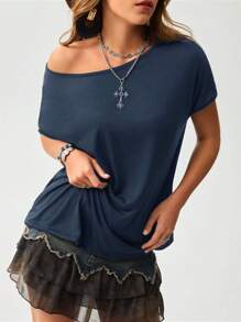 EMERY ROSE 露肩女士音樂節T恤，春夏季 - 藏蓝色 - 查看 5