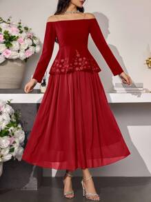 Modelyn 2 件女式法式优雅露肩上衣，带刺绣和腰线，修身 - 紅色 - 查看 4