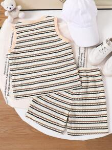 Set de 2 piezas con chaleco y pantalones cortos estampados con rayas y dibujos animados para niños en verano