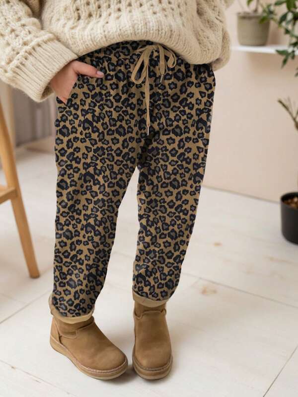 SHEIN LUNE Plus Size Women Leopard Print Drawstring Waist Pockets Casual Sweatpants Graduation,Back To School Outfits,Graduation,Teacher Outfits For Women,Back To School Fall Cloth For Women