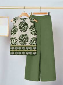 SHEIN Clasi 2 pezzi/set Completo donna casual minimalista con motivo floreale, adatto per l'estate
