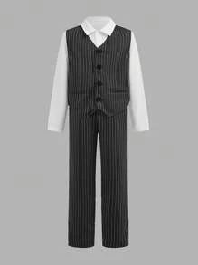 2 件儿童/青少年男孩休闲校服套装：长袖条纹衬衫、背心和长裤，绅士西装套装适合学校、花园、海滩、生日、春夏秋冬 - 黑色 - 查看 5