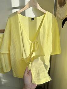 Comfortcana 2 件大码女士假日风格黄色短袖蝴蝶结上衣和短裤套装，适合春夏季