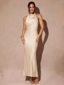 Silquee 女士款式纯色黑色缎面日期成熟不对称不对称扭纹长裙，适合约会、日常外出、圣诞派对、新年派对 - 杏色 - 查看 2